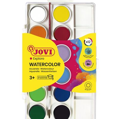 Kit Aquarelle avec Pinceau Jovi, 12 godets 22mm, Couleurs Brillantes et Intenses, Peinture facile à diluer à l'eau et à séchage rapide