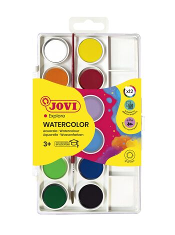 JOVI - Kit de Acuarelas con Pincel, 12 pastillas de 22 mm, Colores Brillantes e Intensos, Pintura fácil de diluir con agua y secado rápido 1