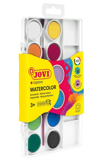 JOVI - Kit de Acuarelas con Pincel, 12 pastillas de 22 mm, Colores Brillantes e Intensos, Pintura fácil de diluir con agua y secado rápido 2