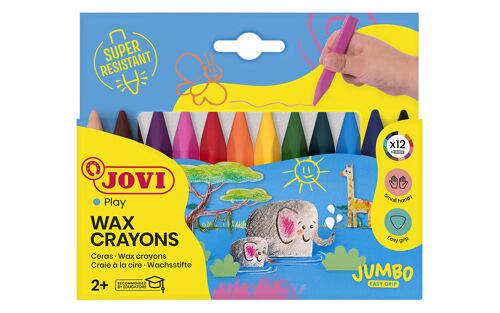 JOVI - Crayones de cera Jumbo Easy Grip, caja de 12 crayones de cera triangulares, colores surtidos