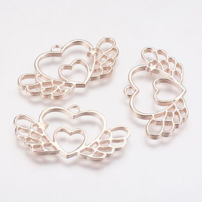 Alloy Open Back Bezel Pendants Jewelry, Heart with Wing, Rose Gold, , PALLOY-P166-37RG