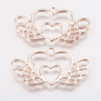 Bijoux pendentifs à lunette ouverte en alliage, coeur avec aile, or rose, PALLOY-P166-37RG 2