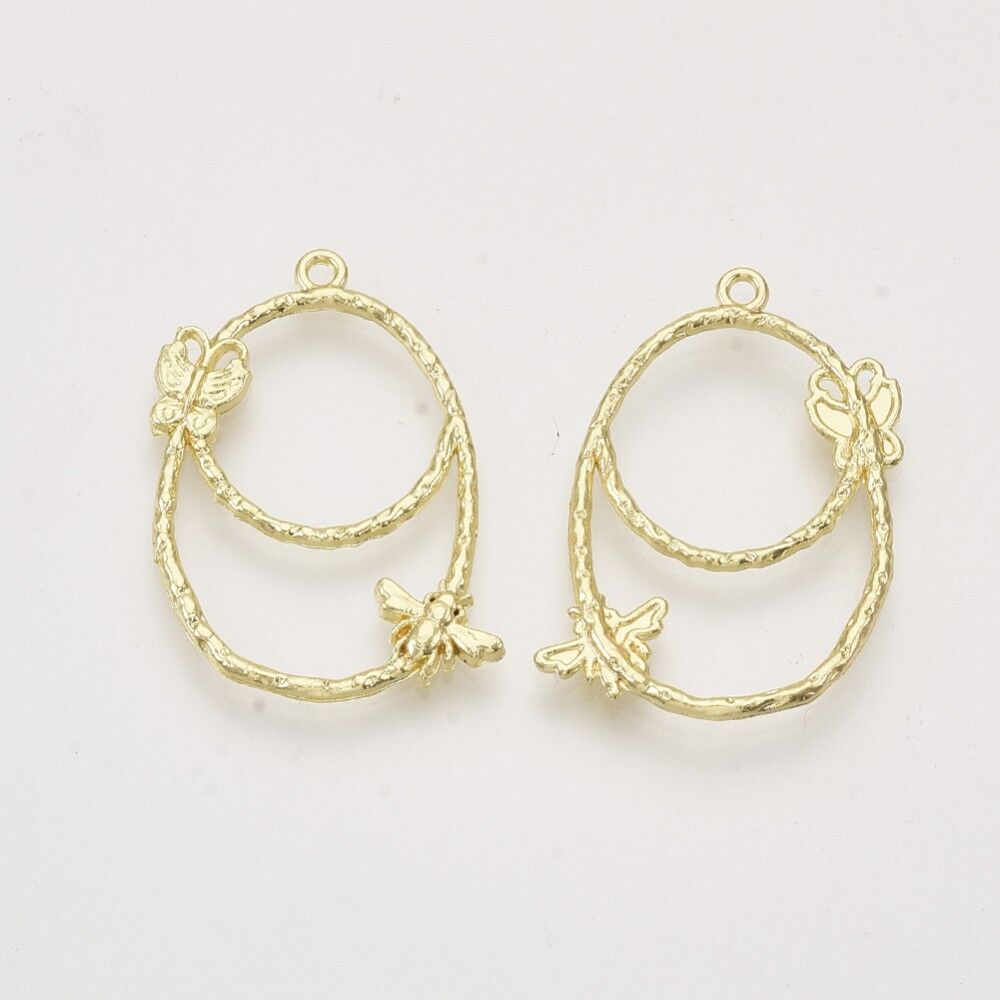 Pendentifs à lunette ouverte, ovale avec papillon et abeille, or clair, X-PALLOY-S121-194