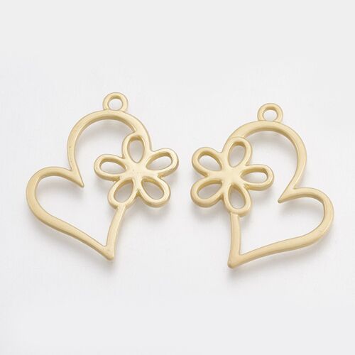 Open Back Bezel Pendant, Heart with Flower, Matte Gold Color , X-PALLOY-S117-126