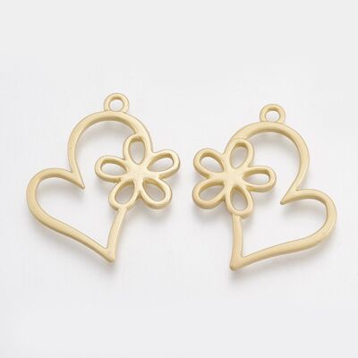 Pendentif Lunette Dos Ouvert, Coeur avec Fleur, Couleur Or Mat, X-PALLOY-S117-126