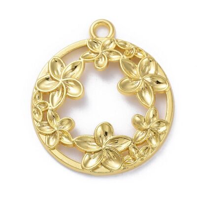 Zinc Alloy Open Back Bezel Pendant, Flat Round with Flower, Golden , PALLOY-E577-22G