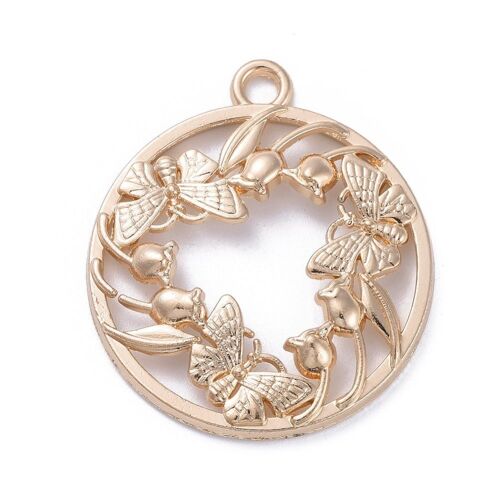 Zinc Alloy Open Back Bezel Pendant, Flat Round with Butterfly, Bronze , PALLOY-E577-27KCG