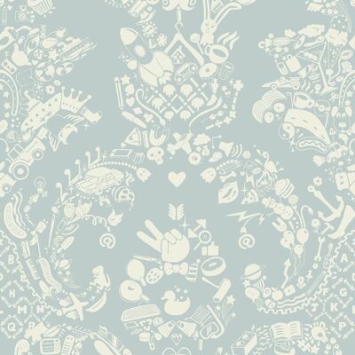 New World Damask Wallpaper- Grey Blue & White