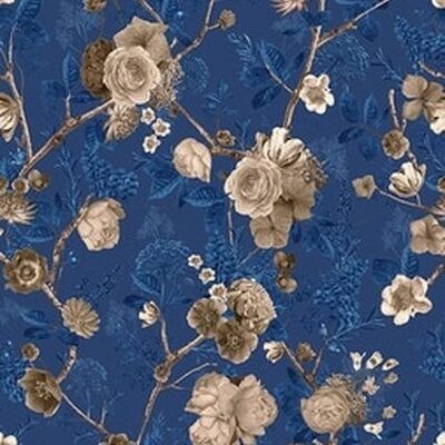 Papel pintado Floral Spring - Azul marino y sepia