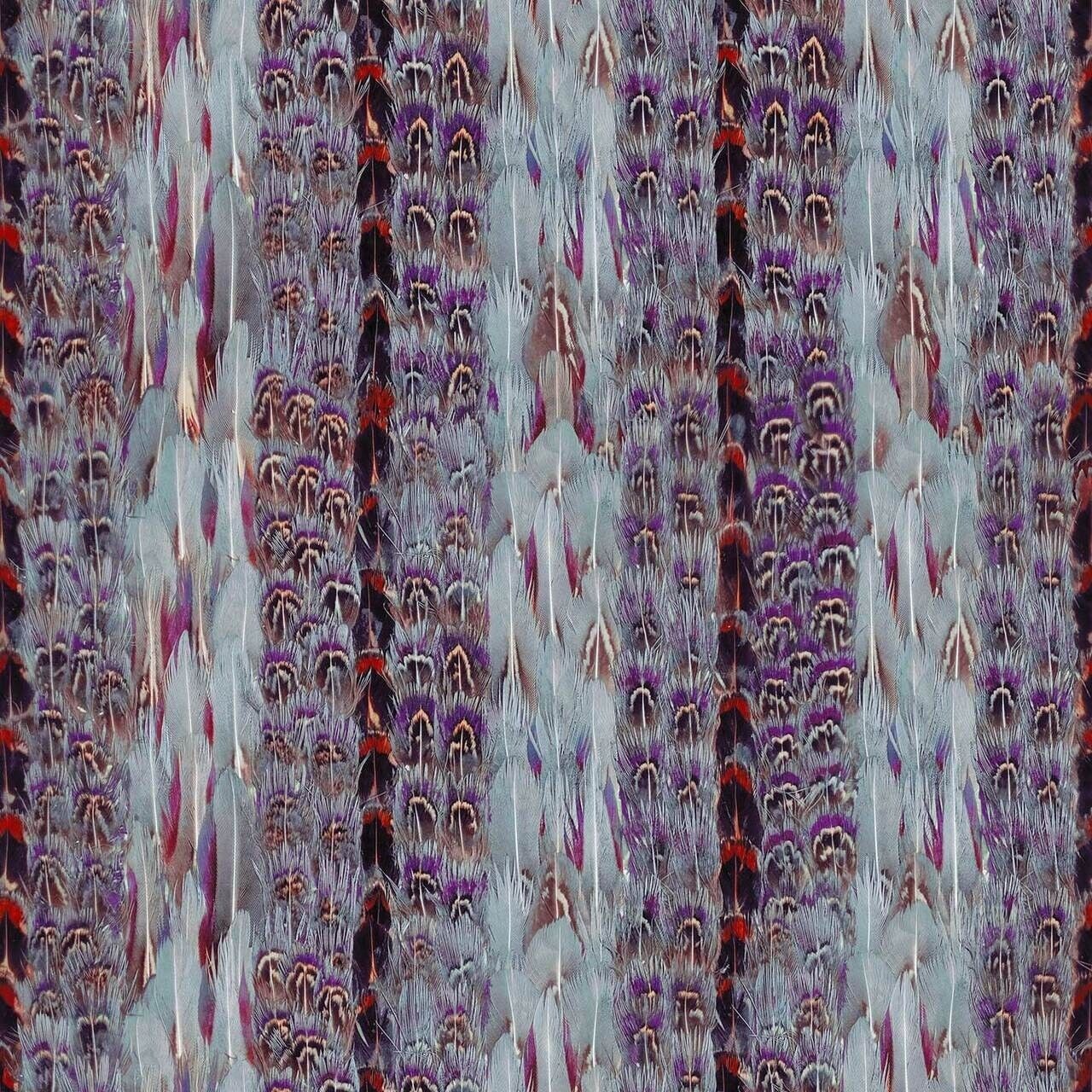 Carta da parati con piume tropicali viola e rosse