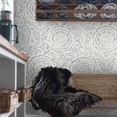 Blue and White Bohemian Wallpaper with Victorian Floral