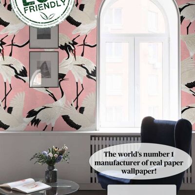 Pink Heron Print Wallpaper, Asian Birds Wall Art