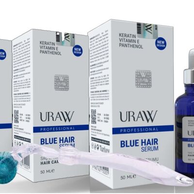 Vorteilspack 3 x URAW Blue Hair Serum 50 ml, Haarwuchs + kostenlosem Dermaroller