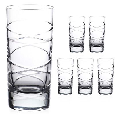 6 Pieces Set Hand Cut Jasper 24% Lead Crystal Hi Ball Glasses In A Satin Lined Gift Box