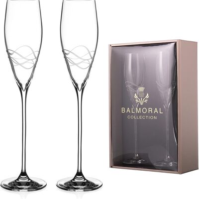 Balmoral Champagne Flue Prosecco-Gläser, Paar mit „Seawaves“-Kollektion, handgeschnittenes Design – 2er-Set