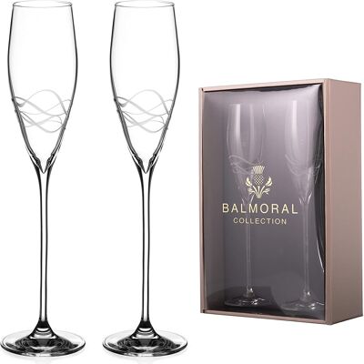 Coppia di bicchieri da prosecco Balmoral Champagne Flue con design "seawaves" con taglio a mano - Set di 2