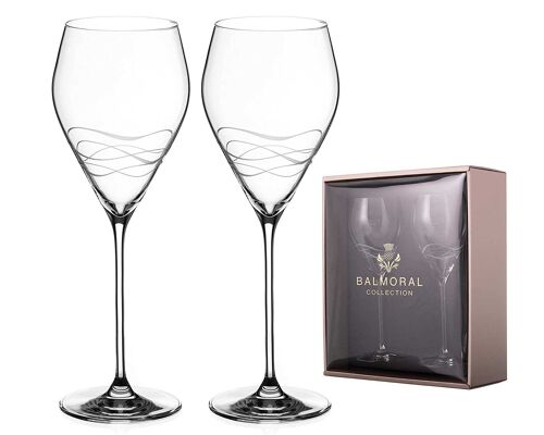 Balmoral White Wine Glasses Pair With ‘seawaves'’ Collection Hand Cut Design - Set Of 2 Crystal Wine Glasses