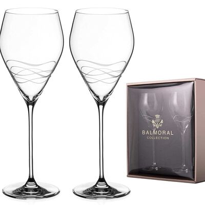 Coppia di calici da vino bianco Balmoral con design tagliato a mano della collezione "seawaves" - Set di 2 bicchieri da vino in cristallo