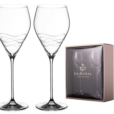 Coppia di calici da vino bianco Balmoral con design tagliato a mano della collezione "seawaves" - Set di 2 bicchieri da vino in cristallo
