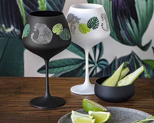 Black And White Gin Glasses -"jungle Leaves" - Painted Crystal Gin Copa Glasses Pair - Set Of 2