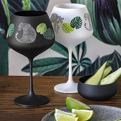 Schwarz-weiße Gin-Gläser – „Dschungelblätter“ – bemaltes Kristall-Gin-Copa-Gläser-Paar – 2er-Set