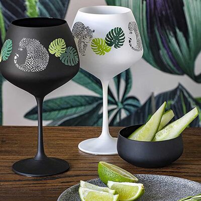 Bicchieri da gin in bianco e nero - "foglie della giungla" - Coppia di bicchieri da gin Copa in cristallo dipinto - Set di 2