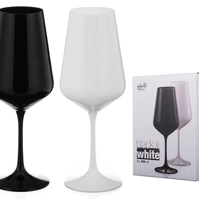 Paire de verres à vin peints en noir et blanc - Verres à vin en cristal assortis - Lot de 2 (pleine couleur - tige colorée)