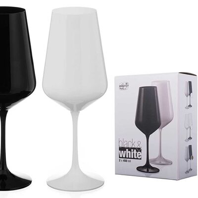 Coppia di bicchieri da vino dipinti in bianco e nero - Bicchieri da vino in cristallo abbinati - Set di 2 (a colori - stelo colorato)