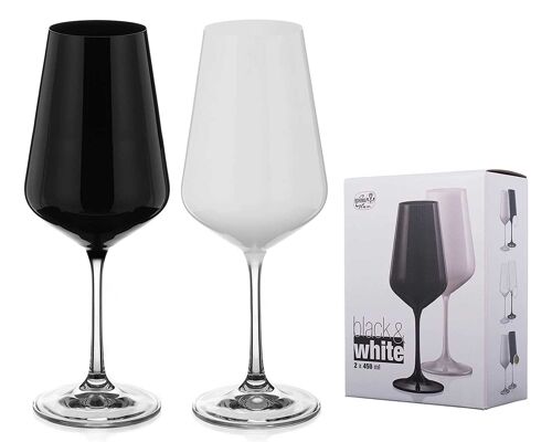 Black And White Painted Wine Glasses Pair - Matching Crystal Wine Glasses - Set Of 2 (half Colour - Clear Stem)