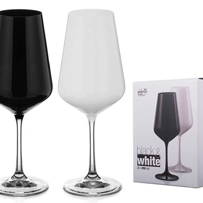 Par de copas de vino pintadas en blanco y negro - Copas de vino de cristal a juego - Juego de 2 (medio color - tallo transparente)