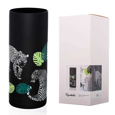 Schwarz bemalte Kristallvase „Dschungelblätter“ – von außen bemalte Glasvase – tolles Wohnaccessoire oder für Blumen – 25 cm (schwarz)