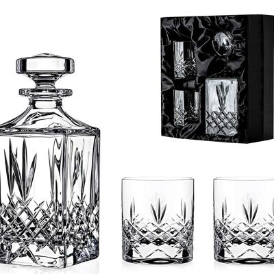 Buckingham Cut 3-teiliges Whiskey-Set aus Kristallglas, verpackt in einer luxuriösen, mit Satin ausgekleideten Geschenkbox – bleifreies Kristallglas