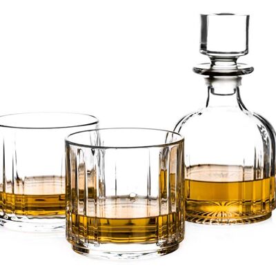 Kristall-Whisky-Set, stapelbares 3-teiliges Kombi-Whisky-Set mit 1 Dekanter und 2 Bechern