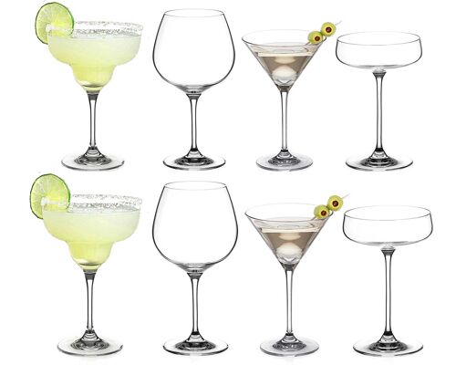 Diamante 8 Piece Party Cocktail Glasses Set Bundle - Martinis, Gin Copas, Saucers, Margarita Glass - 2 Of Each Premium Crystal