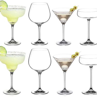 Diamante 8 pezzi set di bicchieri da cocktail per feste - Martini, gin Copas, piattini, vetro Margarita - 2 di ogni cristallo premium