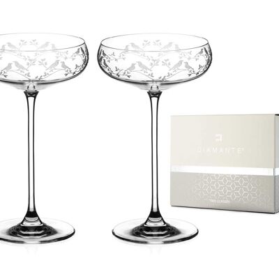 Coppia di piattini da cocktail Diamante Champagne Coupes con design in cristallo inciso a mano della collezione "canto di uccelli" - Set di 2