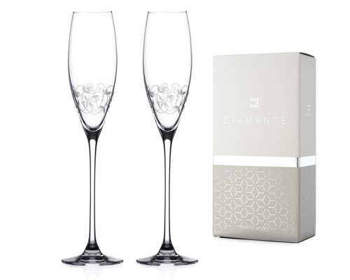 Diamante Champagne Flute Glasses Pair With Etched Design - Perfect Gift