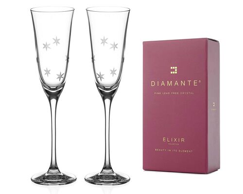 Diamante Champagne Flutes Crystal Prosecco Glasses - 'northern Star' Collection With Hand Etched Stars – Gift Box Of 2