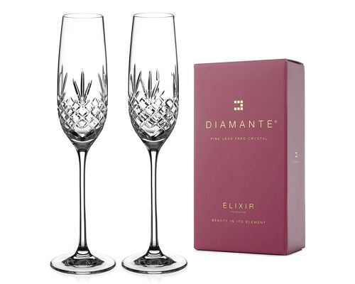 Diamante Champagne Flutes Crystal Prosecco Glasses - ‘buckingham’ Traditional Hand Cut Flutes - Set Of 2
