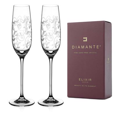 Diamante Champagne Flutes Prosecco-Gläser aus Kristallglas – „Floral Moda“-Kollektion, handgeätzte Gläser – 2er-Set