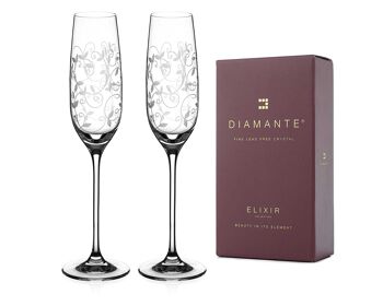 Flûtes à Champagne Diamante Verres à Prosecco en Cristal - Collection "floral Moda" Verres Gravés à la Main - Lot de 2