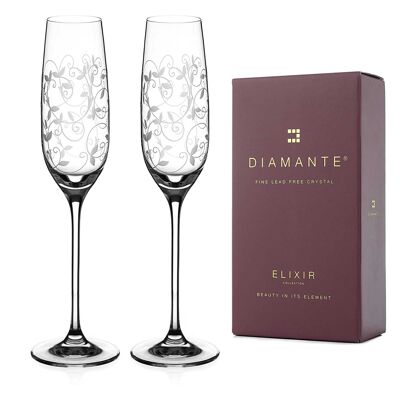 Diamante Champagne Flutes Crystal Prosecco Glasses - ‘floral Moda’ Collection Hand Etched Glasses - Set Of 2