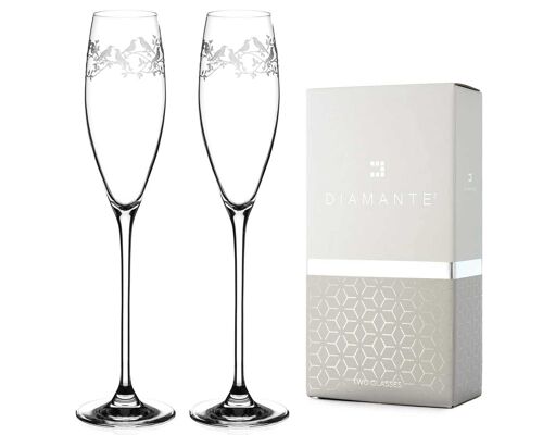 Diamante Champagne Flutes Crystal Prosecco Glasses Pair With ‘birdsong’ Collection Hand Etched Crystal Design - Set Of 2