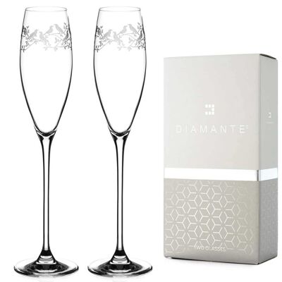 Coppia di bicchieri da prosecco in cristallo con flute da champagne diamante con design in cristallo inciso a mano della collezione "canto degli uccelli" - set di 2