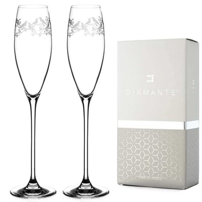 Juego de 2 copas de champán de diamantes, copas de Prosecco de cristal con diseño de cristal grabado a mano de la colección 'birdsong'