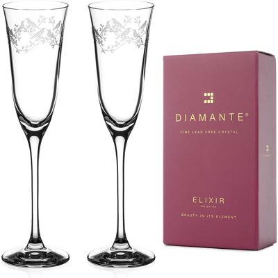 Diamante Champagne Flutes Crystal Prosecco Glasses Pair With ‘serenity’ Collection Hand Etched Crystal Design - Set Of 2