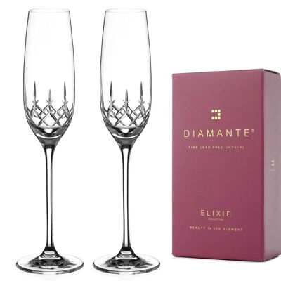 Diamante Champagne Flutes Prosecco Glasses Pair With ‘classic’ Collection Hand Cut Design - Set Of 2 Crystal Glasses