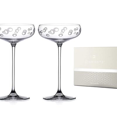Par de copas de champán, cóctel o Prosecco con diamantes con diseño de burbujas grabadas