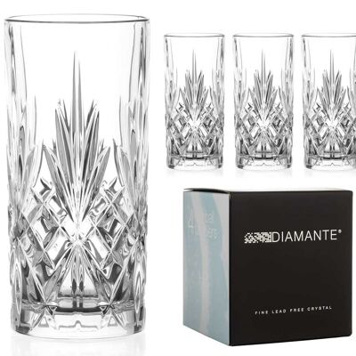 Diamante Chatsworth Hi Ball Tumbler – Perfekt für Longdrinks, Cocktails und Wasser – Hochwertiges bleifreies Kristallglas – 4er-Set