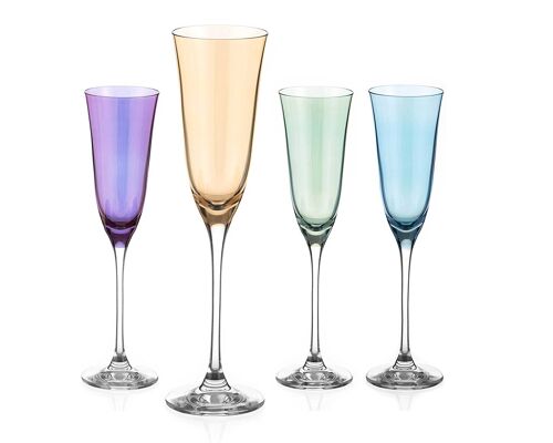 Diamante Coloured Champagne Flutes - ‘kate Colour Selection’ Lustre Painted & Assorted Coloured Crystal Glass - Set Of 4